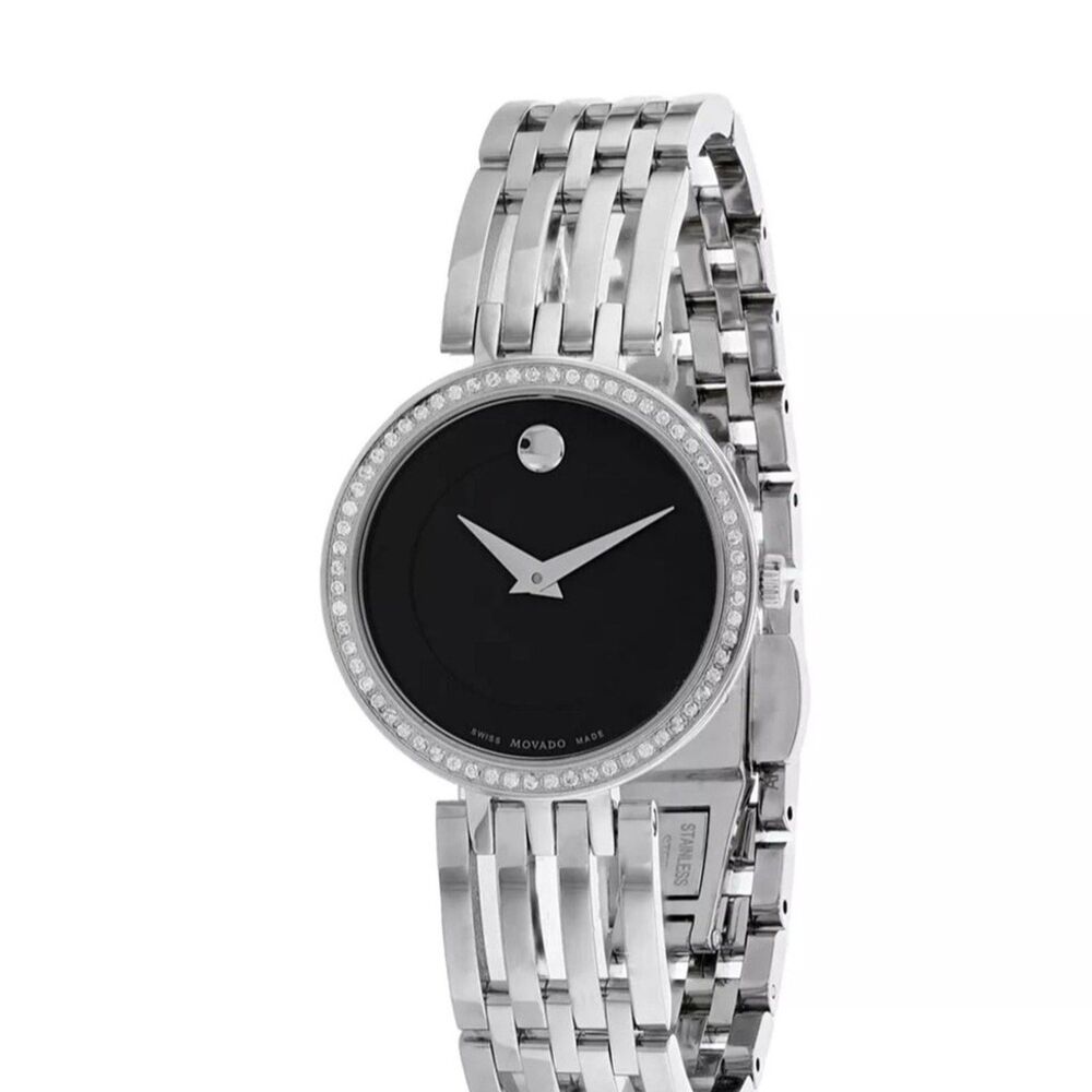 ew Movado Museum Women's Swiss SS Black Diamond Bezel Watch 28mm